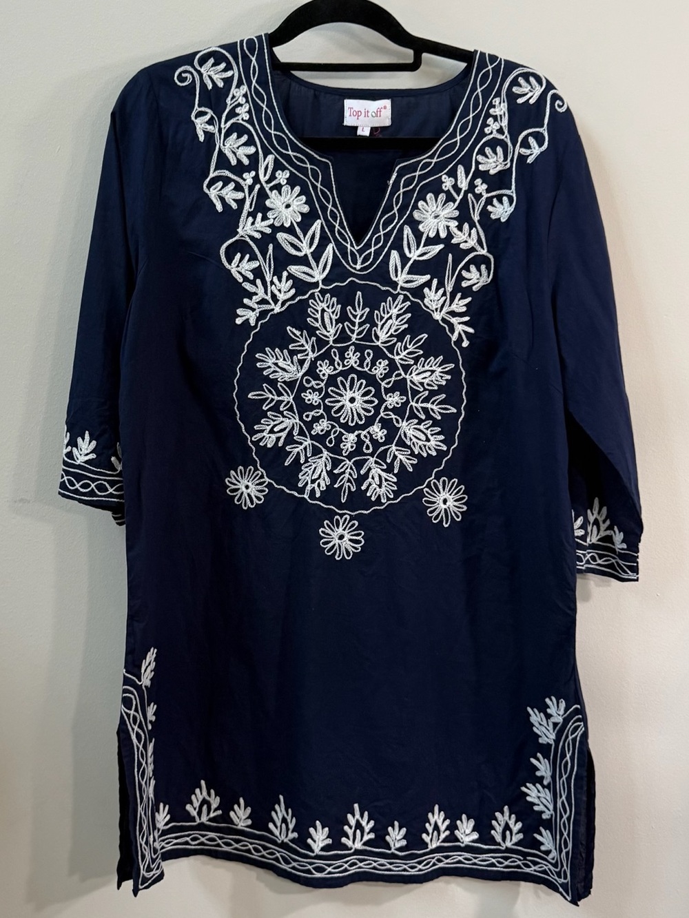 Top It Off Navy Embroidered Tunic Top 100% cotton